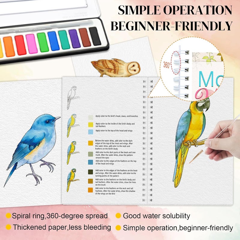 apolyone Watercolor Workbooks- 2 Pack Beginner Workbooks with 24 Coloring Book Pages - 12 Color blocks and a Brush - Watercolor Paper 300gsm/140lb - Gift for Women, Adults, Beginners (Birds & Flower) - Image 2